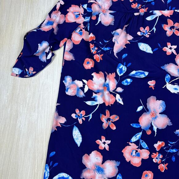 41 Hawthorn Blue Pink Floral Button Front Roll Tab Sleeve Casual Shirtdress LG - Picture 11 of 16